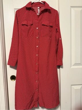 NY Collection Red Polka Dot Button-Front Midi Dress
